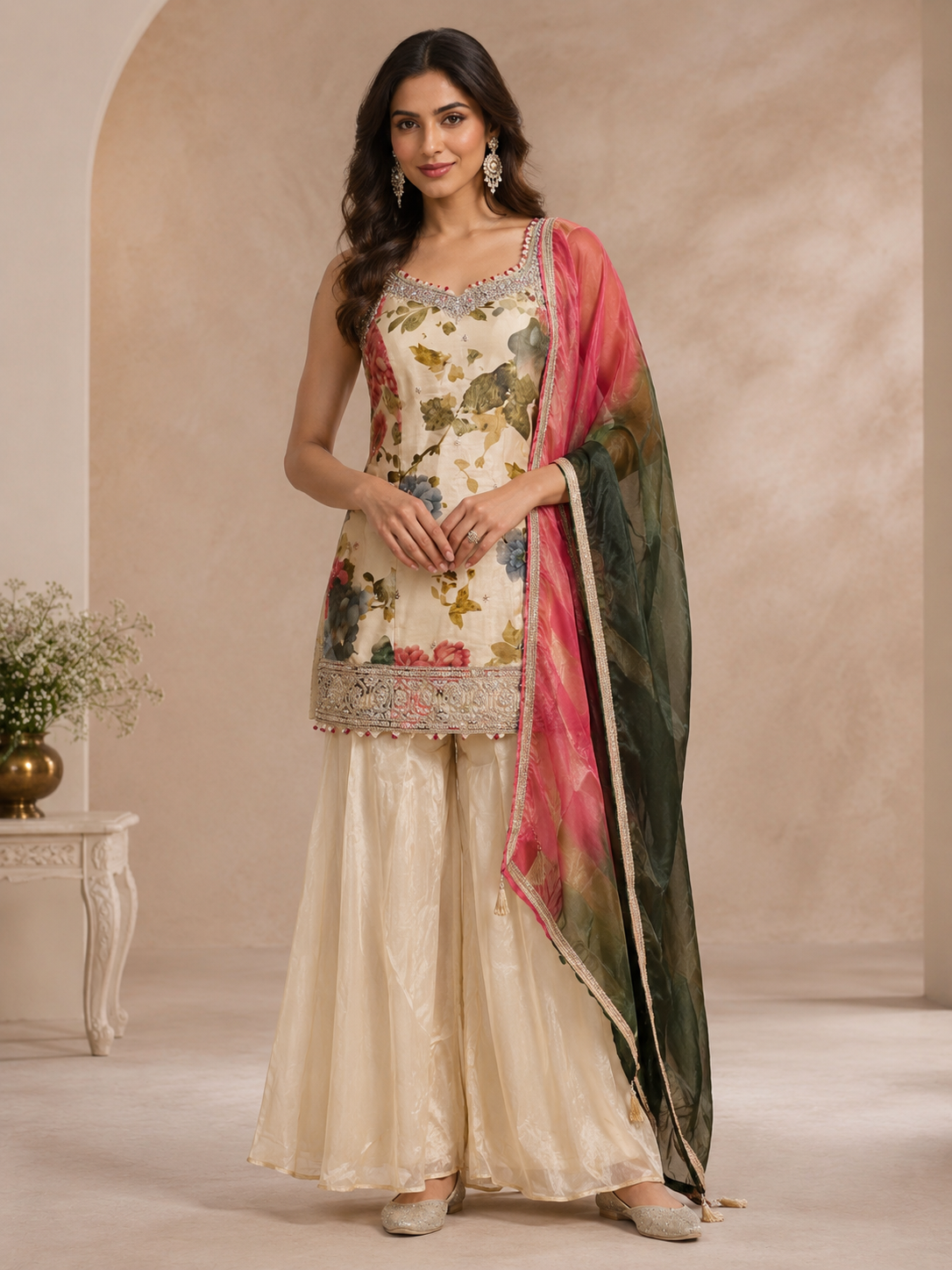 Ivory Floral Printed Tissue Silk Sharara Set with Organza Dupatta